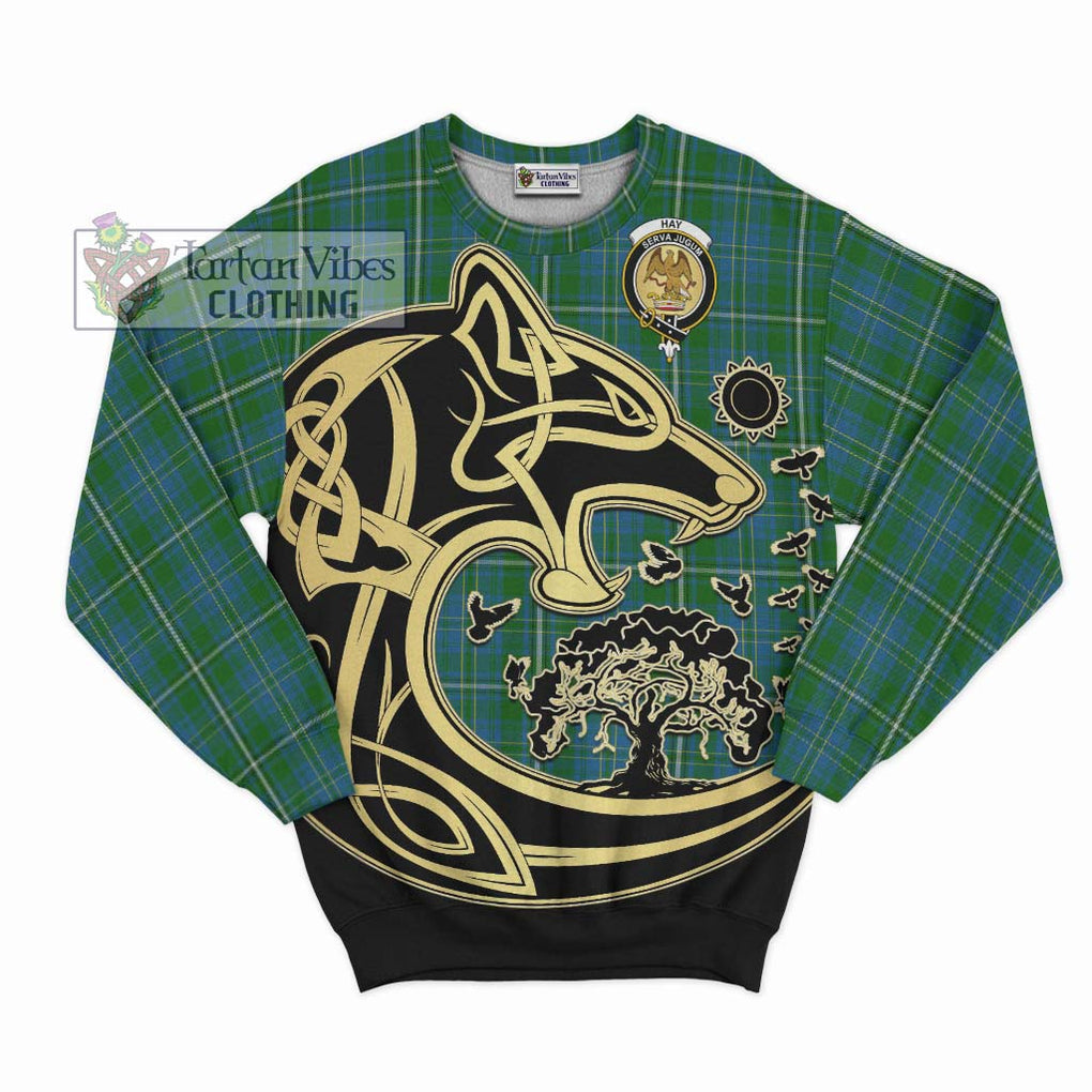 Hay Hunting Tartan Sweatshirt with Family Crest Celtic Wolf Style - Tartan Vibes Clothing