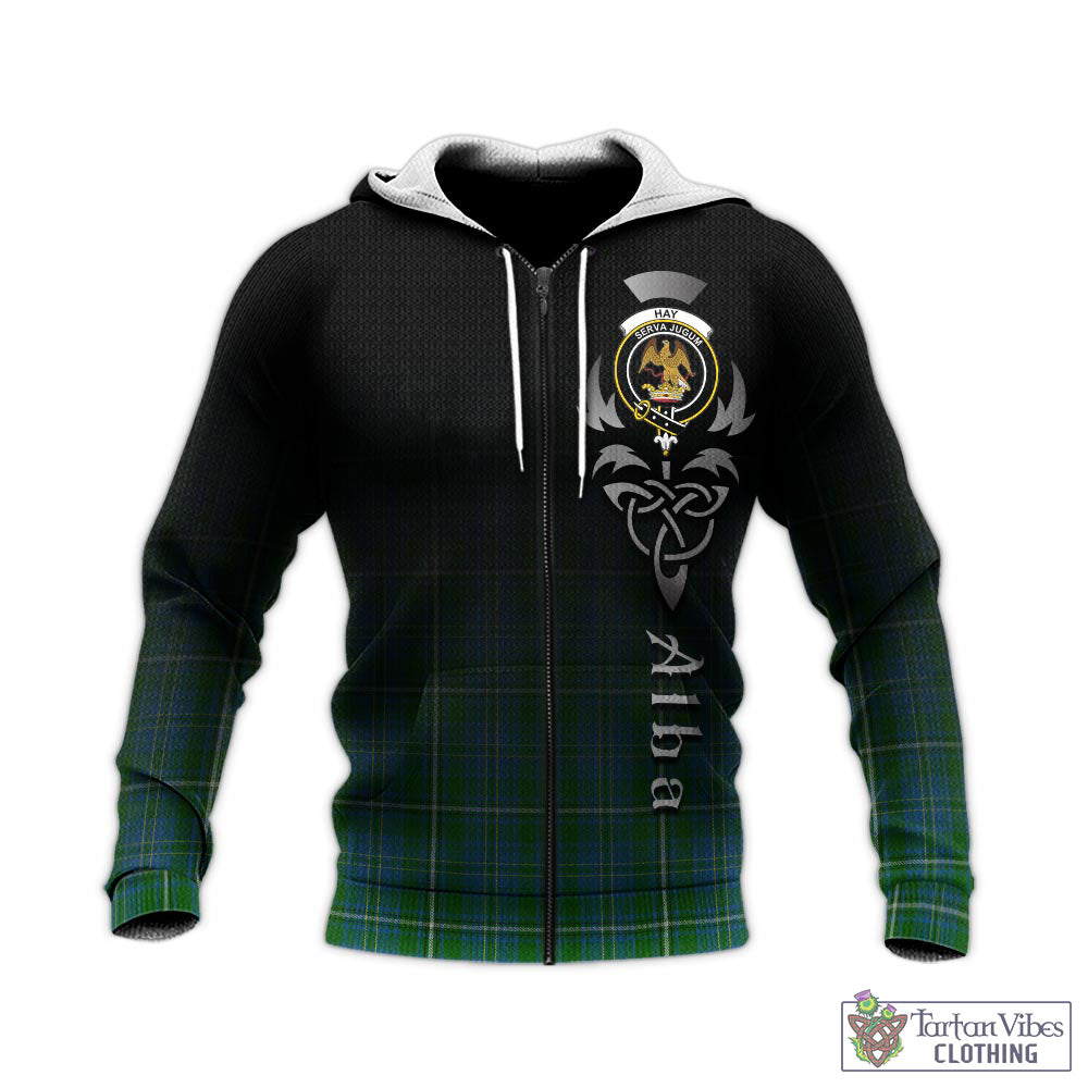 Tartan Vibes Clothing Hay Hunting Tartan Knitted Hoodie Featuring Alba Gu Brath Family Crest Celtic Inspired