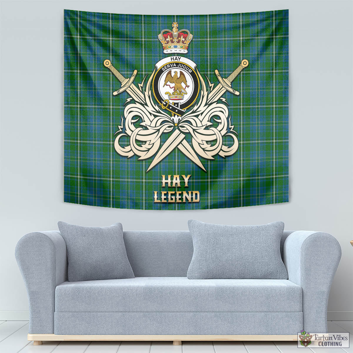 Tartan Vibes Clothing Hay Hunting Tartan Tapestry with Clan Crest and the Golden Sword of Courageous Legacy