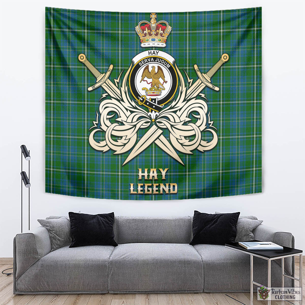 Tartan Vibes Clothing Hay Hunting Tartan Tapestry with Clan Crest and the Golden Sword of Courageous Legacy