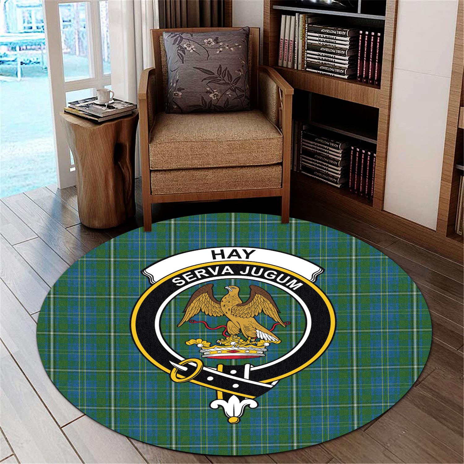 hay-hunting-tartan-round-rug-with-family-crest