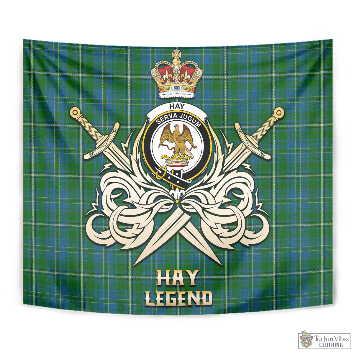 Tartan Vibes Clothing Hay Hunting Tartan Tapestry with Clan Crest and the Golden Sword of Courageous Legacy