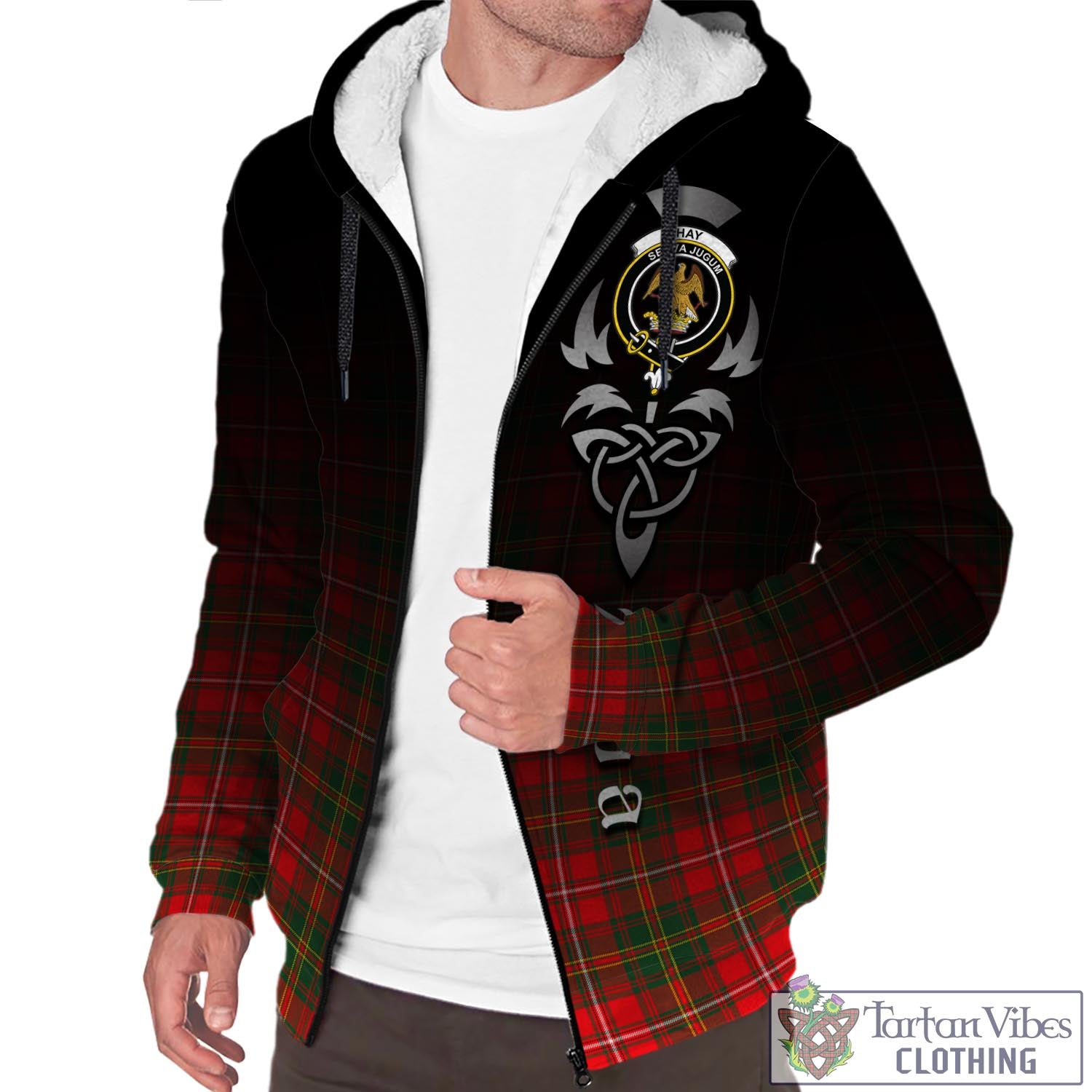 Tartan Vibes Clothing Hay Modern Tartan Sherpa Hoodie Featuring Alba Gu Brath Family Crest Celtic Inspired