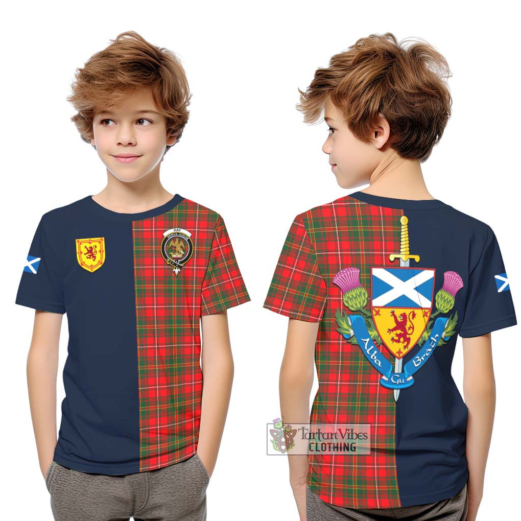 Tartan Vibes Clothing Hay Modern Tartan Kid T-Shirt with Scottish Lion Royal Arm Half Style