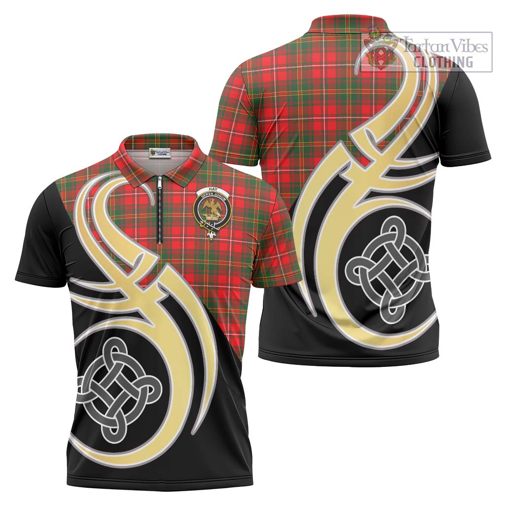 Tartan Vibes Clothing Hay Modern Tartan Zipper Polo Shirt with Family Crest and Celtic Symbol Style