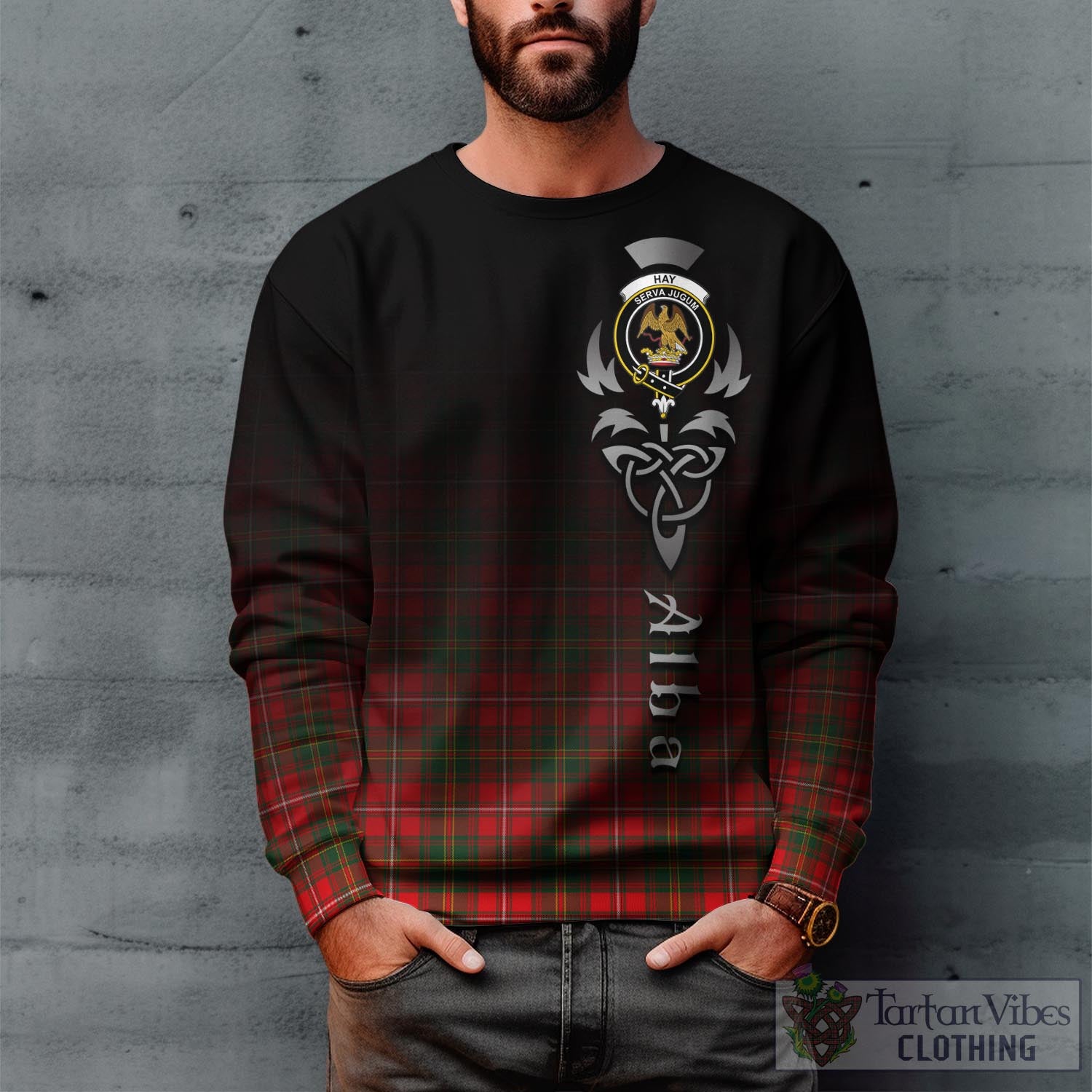 Tartan Vibes Clothing Hay Modern Tartan Sweatshirt Featuring Alba Gu Brath Family Crest Celtic Inspired