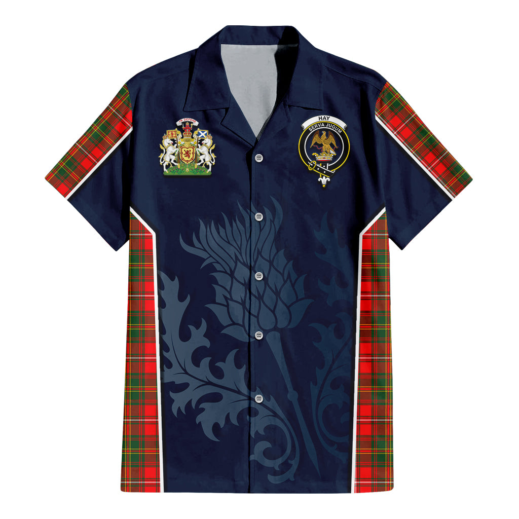 Tartan Vibes Clothing Hay Modern Tartan Short Sleeve Button Up Shirt with Family Crest and Scottish Thistle Vibes Sport Style