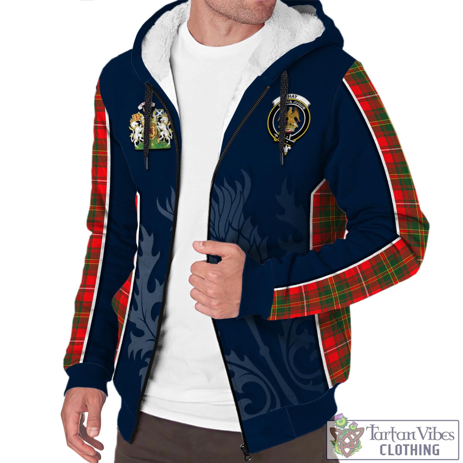 Tartan Vibes Clothing Hay Modern Tartan Sherpa Hoodie with Family Crest and Scottish Thistle Vibes Sport Style