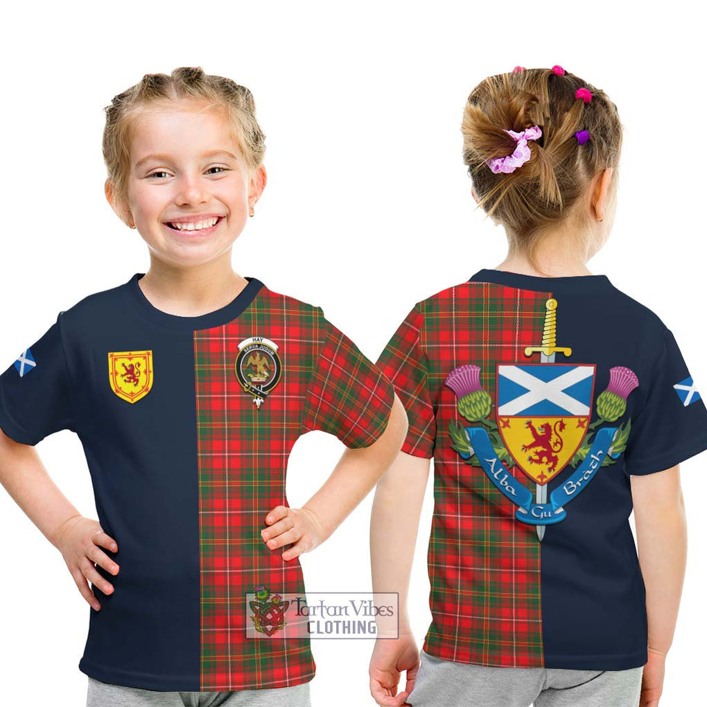 Tartan Vibes Clothing Hay Modern Tartan Kid T-Shirt with Scottish Lion Royal Arm Half Style