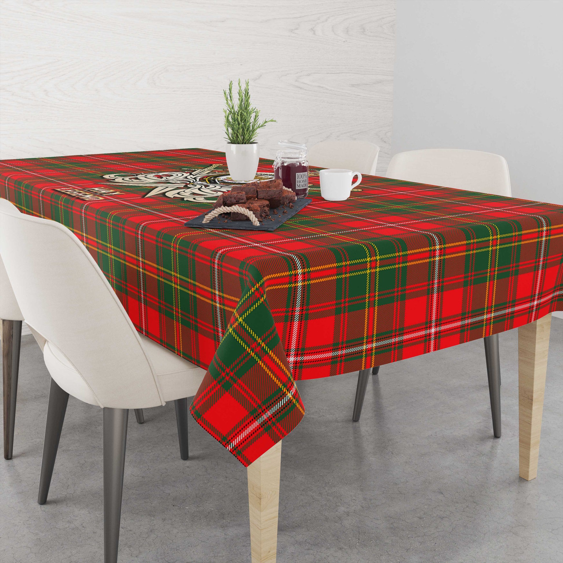 Tartan Vibes Clothing Hay Modern Tartan Tablecloth with Clan Crest and the Golden Sword of Courageous Legacy