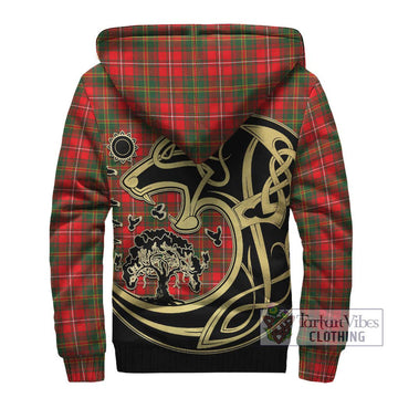 Hay Modern Tartan Sherpa Hoodie with Family Crest Celtic Wolf Style