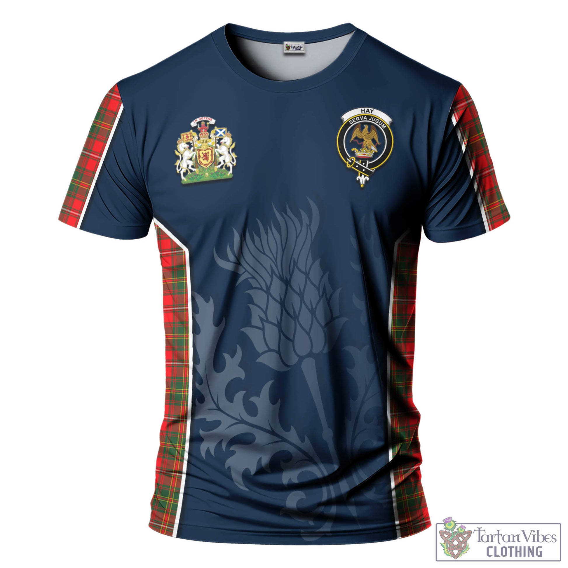 Tartan Vibes Clothing Hay Modern Tartan T-Shirt with Family Crest and Scottish Thistle Vibes Sport Style