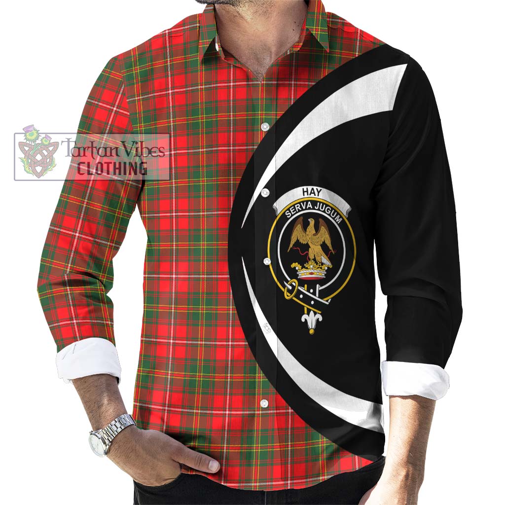 Hay Modern Tartan Long Sleeve Button Up with Family Crest Circle Style - Tartan Vibes Clothing