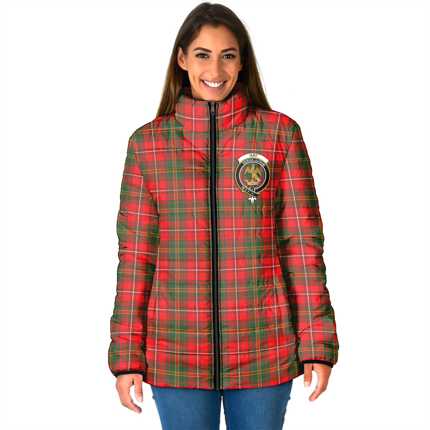 Hay Modern Tartan Padded Jacket with Family Crest - Tartan Vibes Clothing