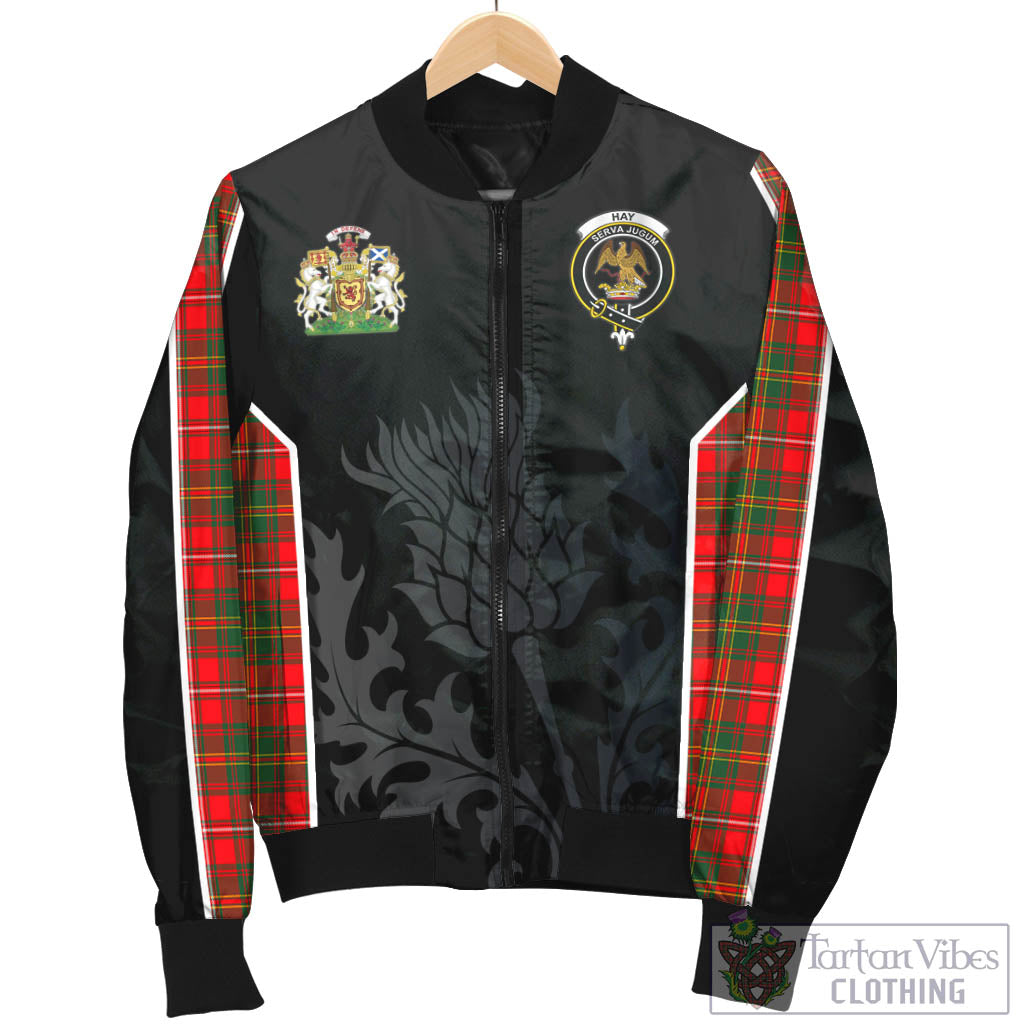 Tartan Vibes Clothing Hay Modern Tartan Bomber Jacket with Family Crest and Scottish Thistle Vibes Sport Style