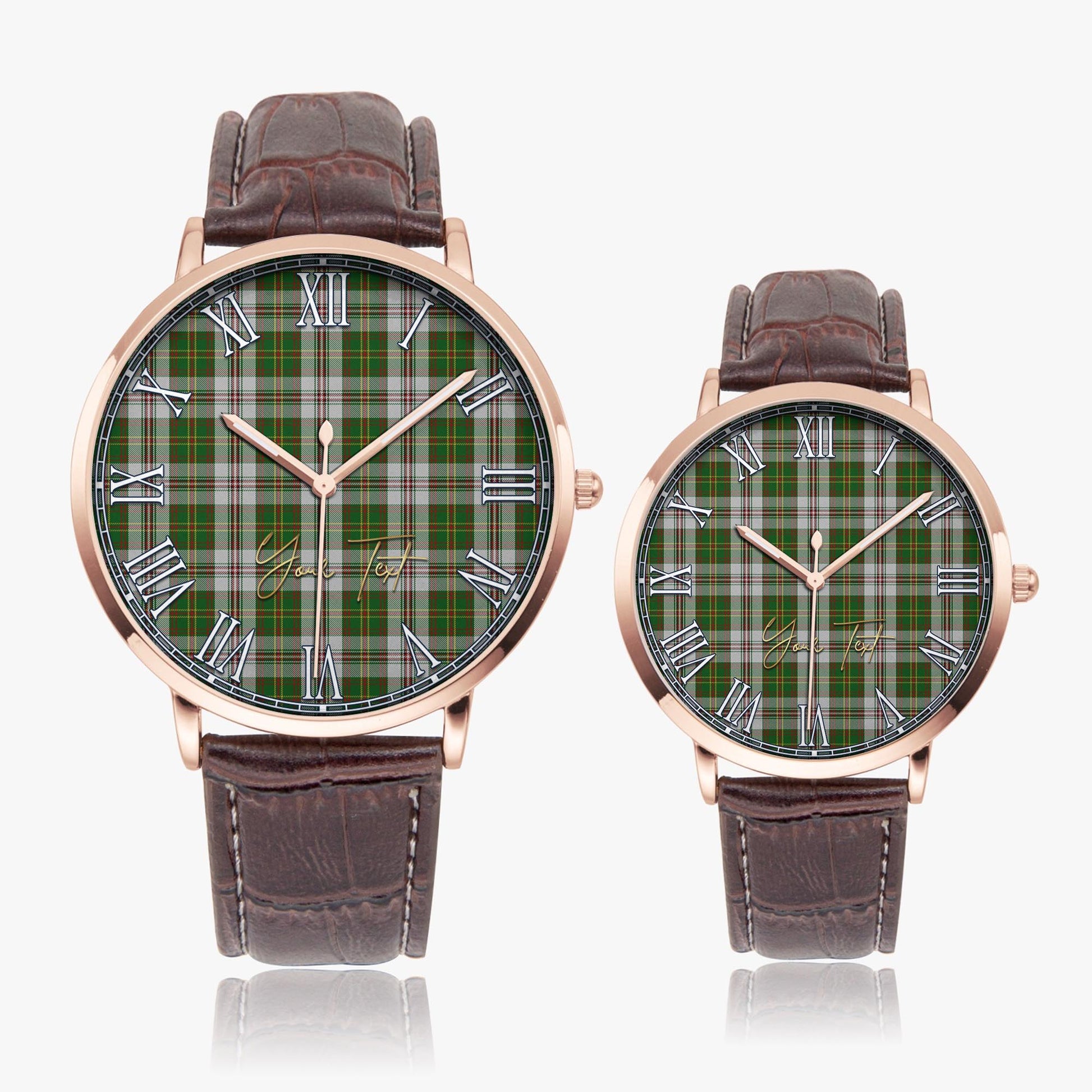 Hay White Dress Tartan Personalized Your Text Leather Trap Quartz Watch Ultra Thin Rose Gold Case With Brown Leather Strap - Tartanvibesclothing