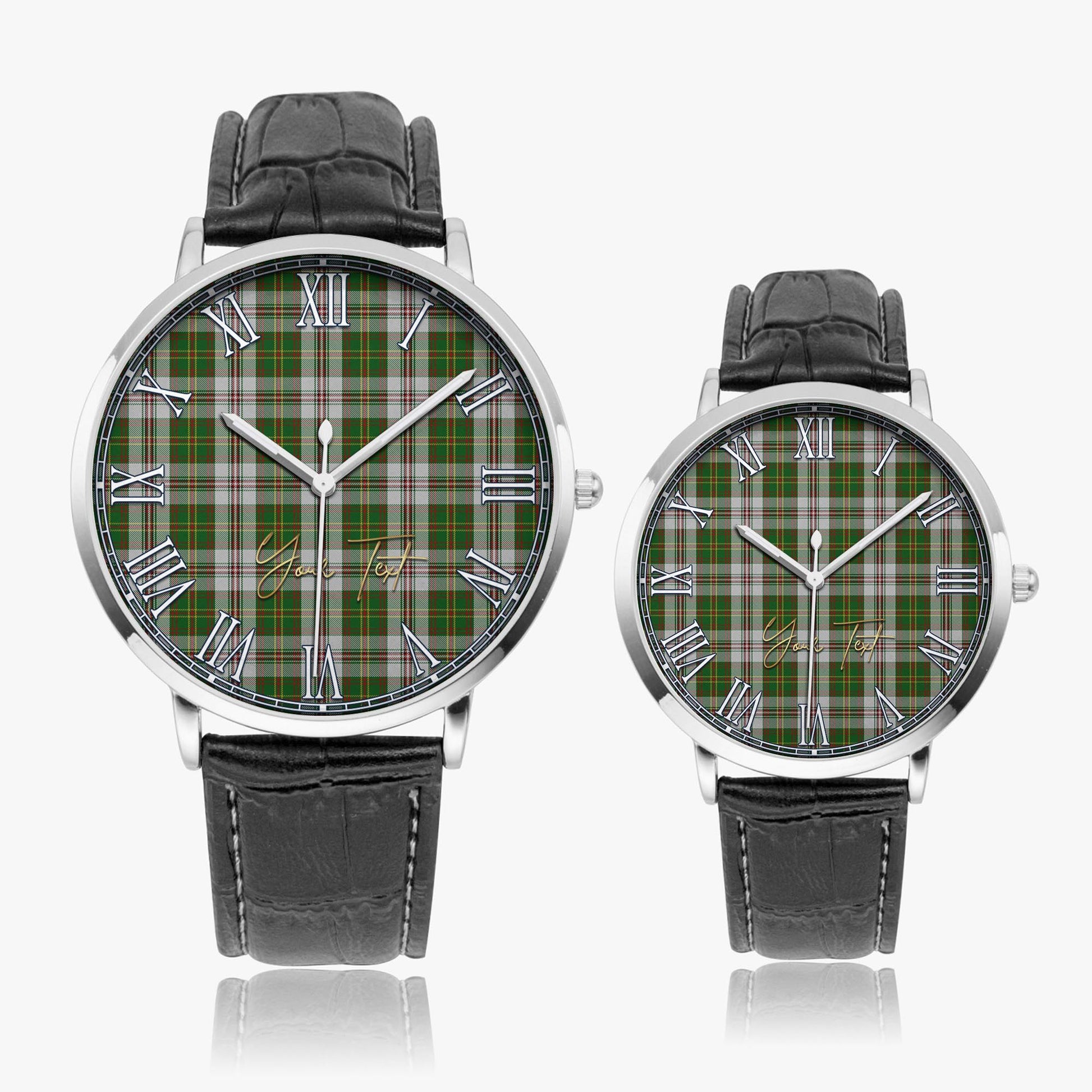 Hay White Dress Tartan Personalized Your Text Leather Trap Quartz Watch Ultra Thin Silver Case With Black Leather Strap - Tartanvibesclothing