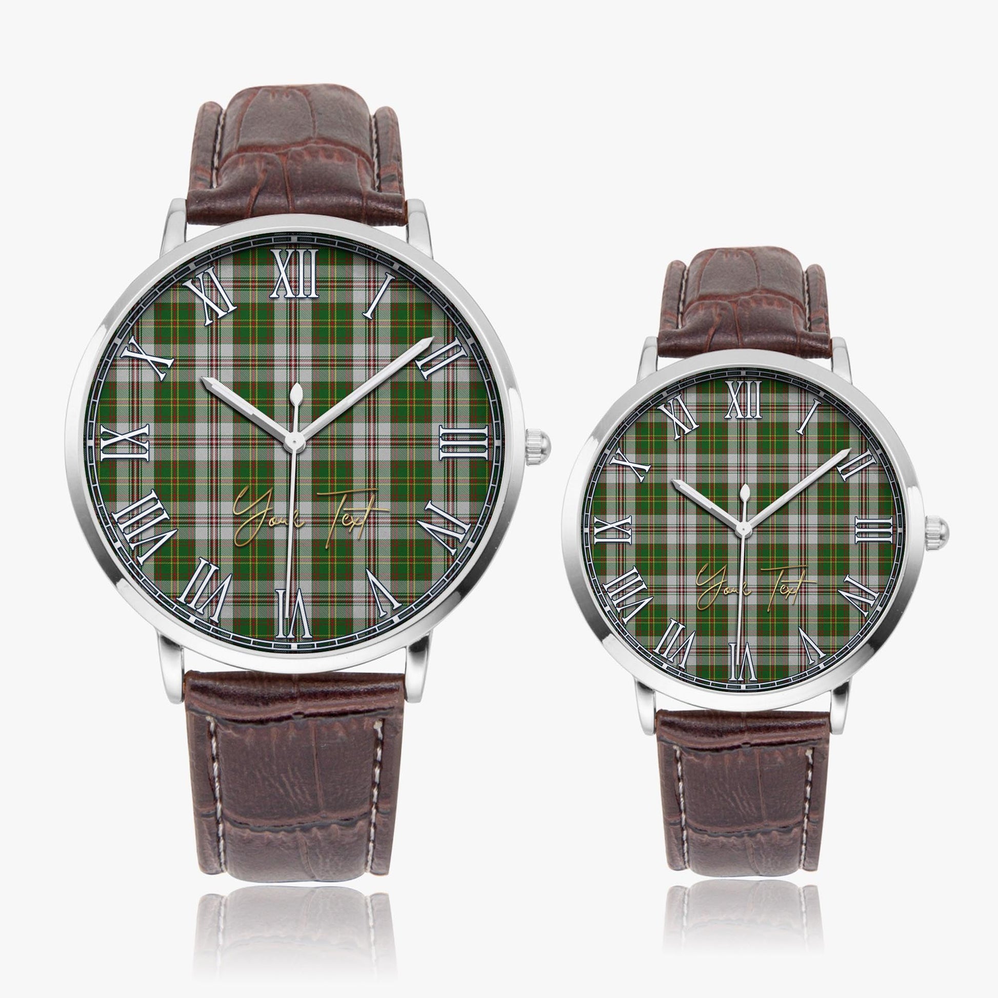 Hay White Dress Tartan Personalized Your Text Leather Trap Quartz Watch Ultra Thin Silver Case With Brown Leather Strap - Tartanvibesclothing