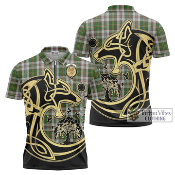 Hay White Dress Tartan Zipper Polo Shirt with Family Crest Celtic Wolf Style