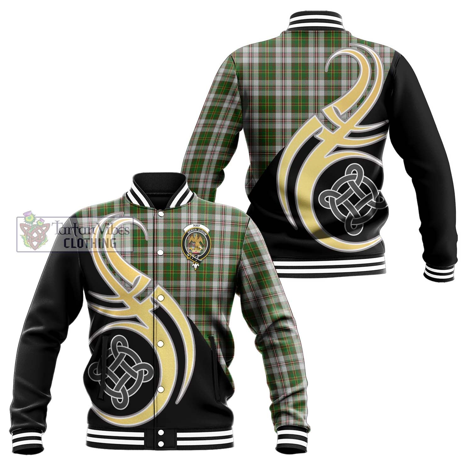 Hay White Dress Tartan Baseball Jacket with Family Crest and Celtic Symbol Style Unisex - Tartan Vibes Clothing