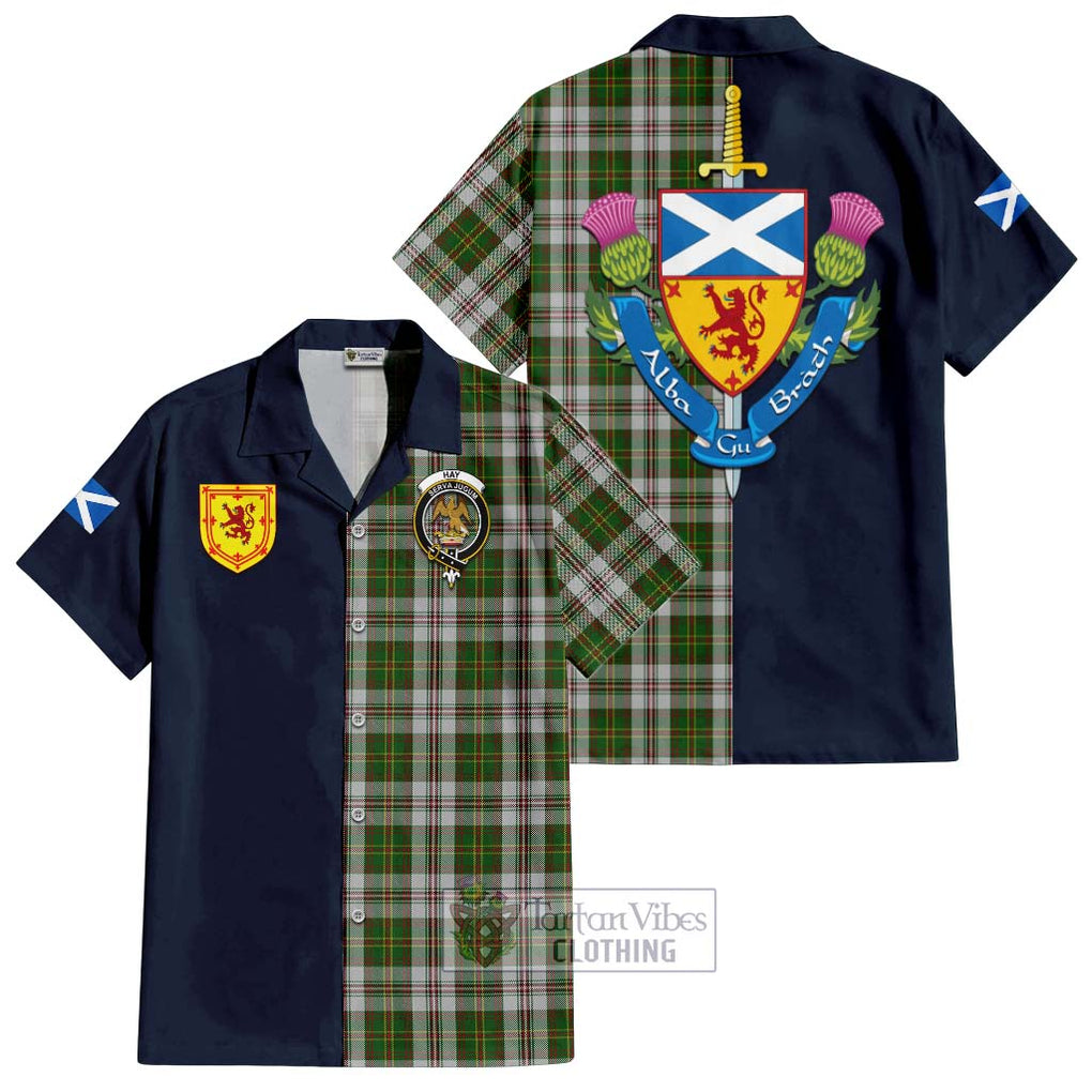 Tartan Vibes Clothing Hay White Dress Tartan Short Sleeve Button Shirt with Scottish Lion Royal Arm Half Style