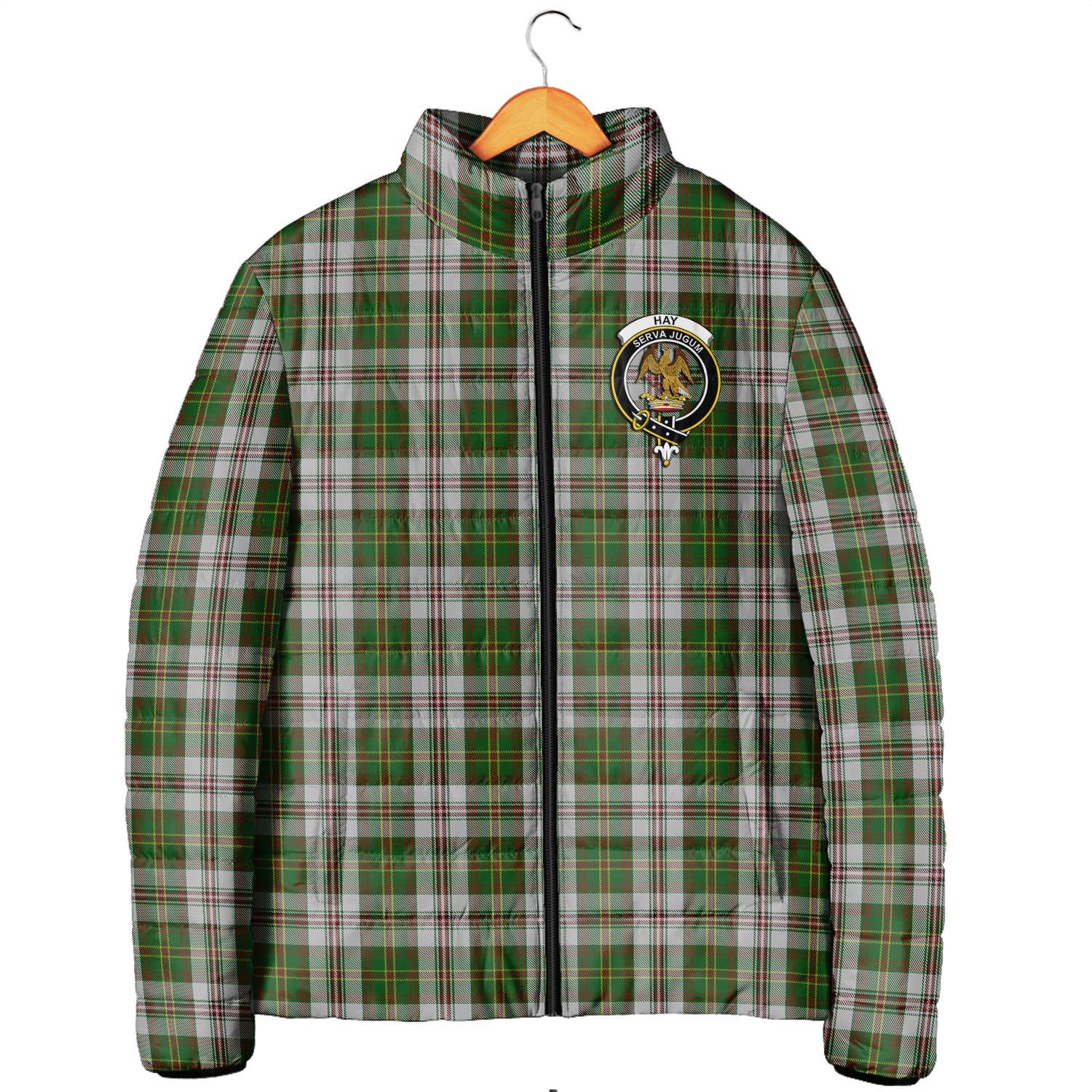 Hay White Dress Tartan Padded Jacket with Family Crest Men's Padded Jacket - Tartan Vibes Clothing