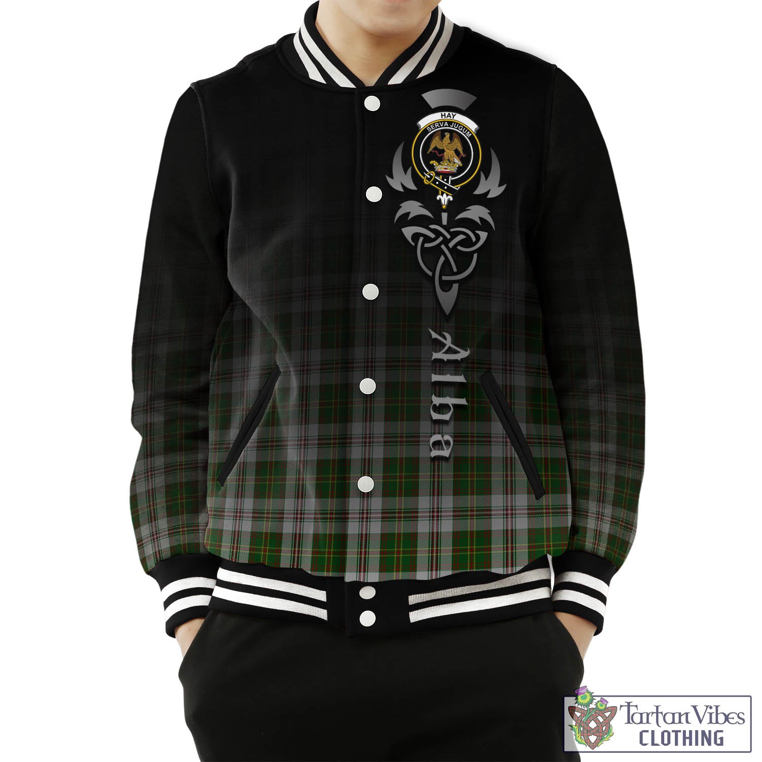 Tartan Vibes Clothing Hay White Dress Tartan Baseball Jacket Featuring Alba Gu Brath Family Crest Celtic Inspired