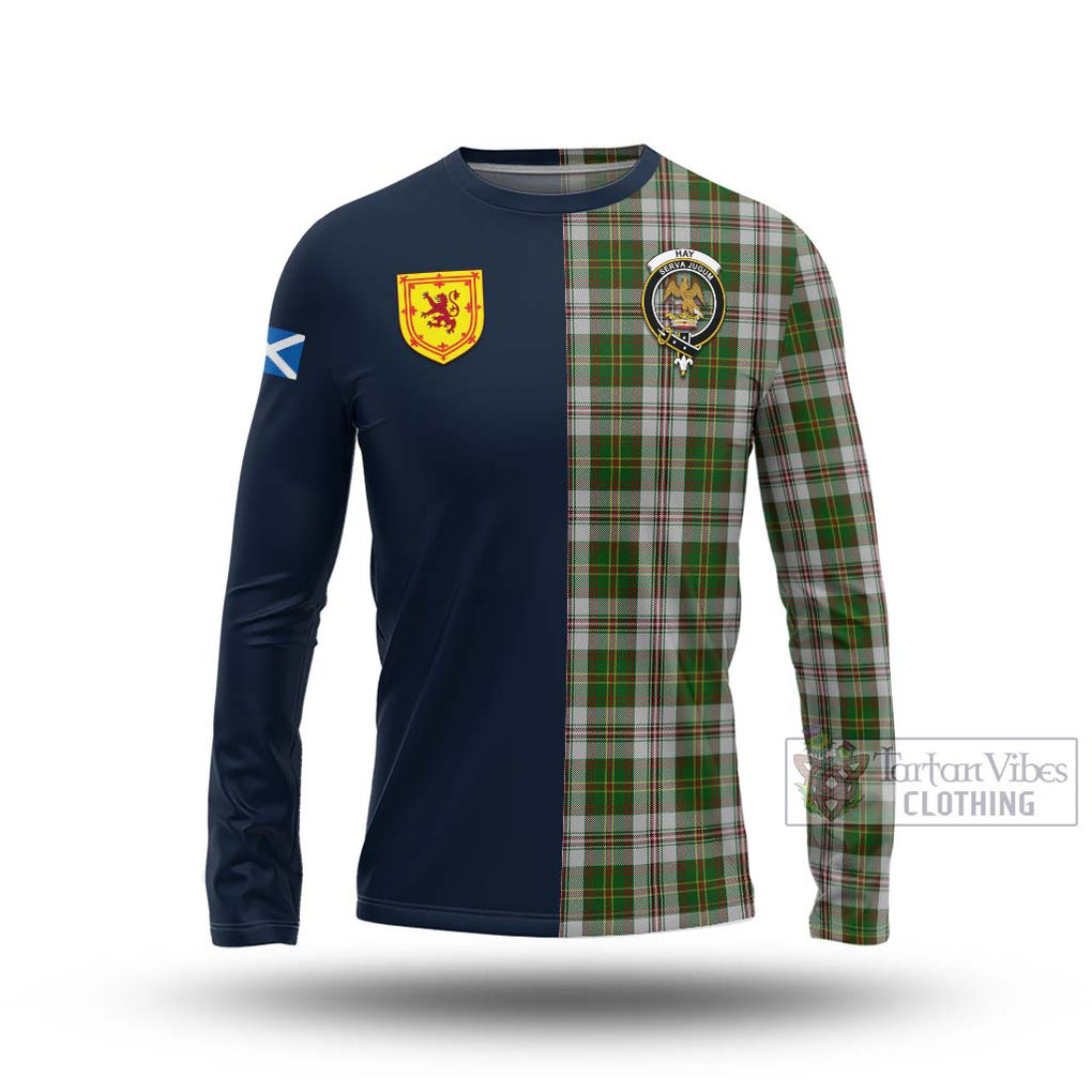 Tartan Vibes Clothing Hay White Dress Tartan Long Sleeve T-Shirt with Scottish Lion Royal Arm Half Style