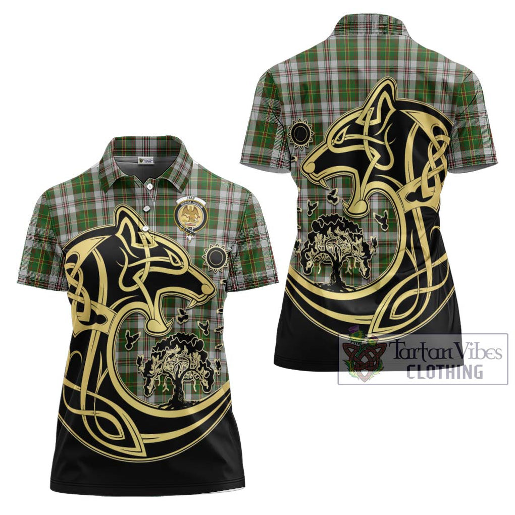 Hay White Dress Tartan Women's Polo Shirt with Family Crest Celtic Wolf Style Women - Tartanvibesclothing Shop