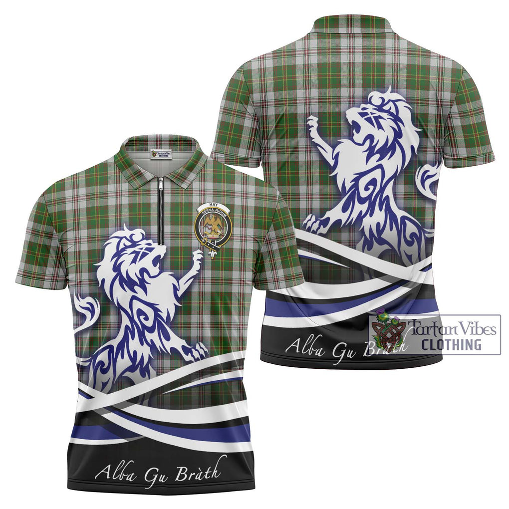 Hay White Dress Tartan Zipper Polo Shirt with Alba Gu Brath Regal Lion Emblem Unisex - Tartanvibesclothing Shop