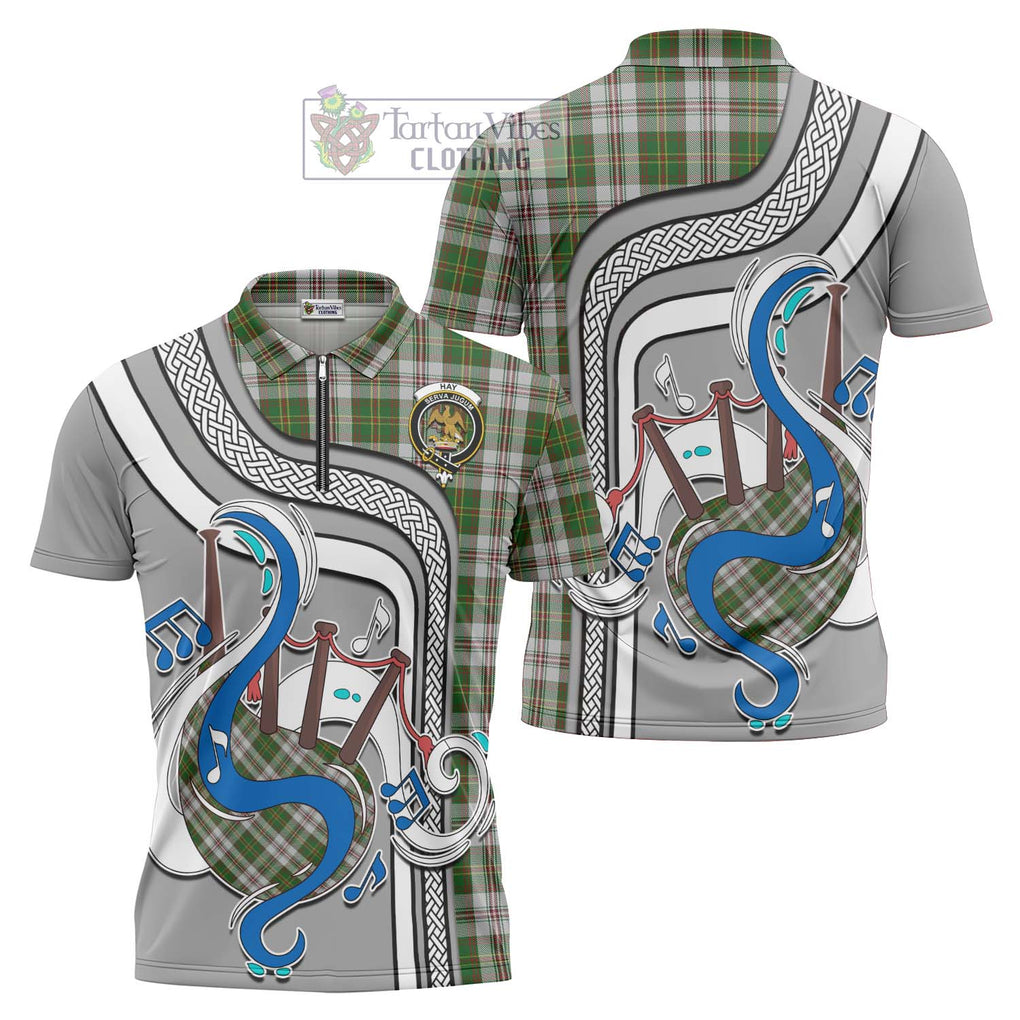 Hay White Dress Tartan Zipper Polo Shirt with Epic Bagpipe Style Unisex - Tartanvibesclothing Shop