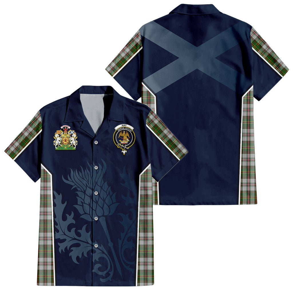 Tartan Vibes Clothing Hay White Dress Tartan Short Sleeve Button Up Shirt with Family Crest and Scottish Thistle Vibes Sport Style