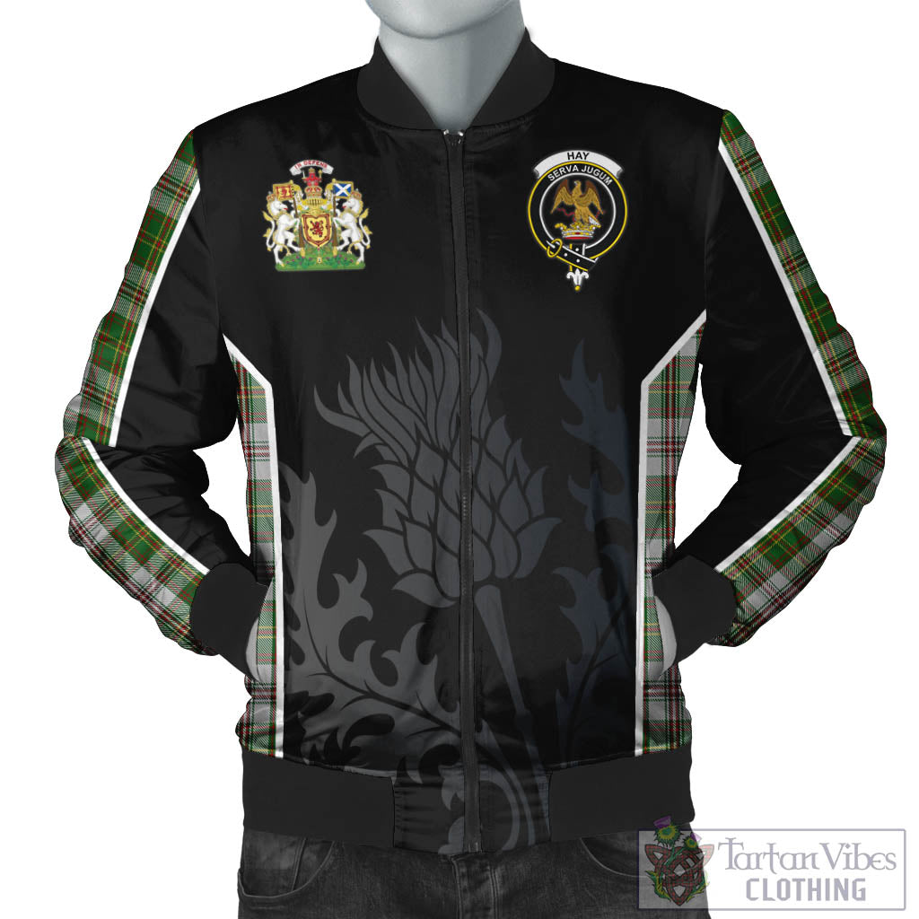 Tartan Vibes Clothing Hay White Dress Tartan Bomber Jacket with Family Crest and Scottish Thistle Vibes Sport Style