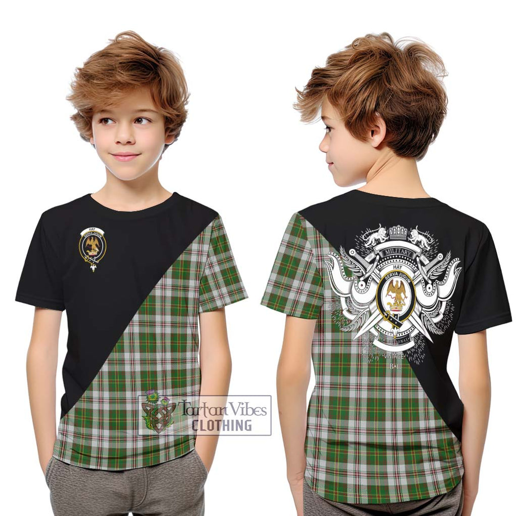 Hay White Dress Tartan Kid T-Shirt with Family Crest and Military Logo Style Youth XL Size14 - Tartanvibesclothing Shop