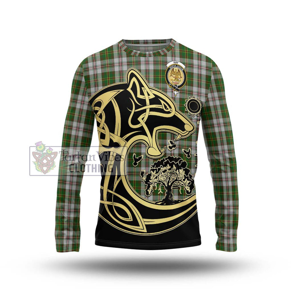 Hay White Dress Tartan Long Sleeve T-Shirt with Family Crest Celtic Wolf Style Unisex - Tartan Vibes Clothing