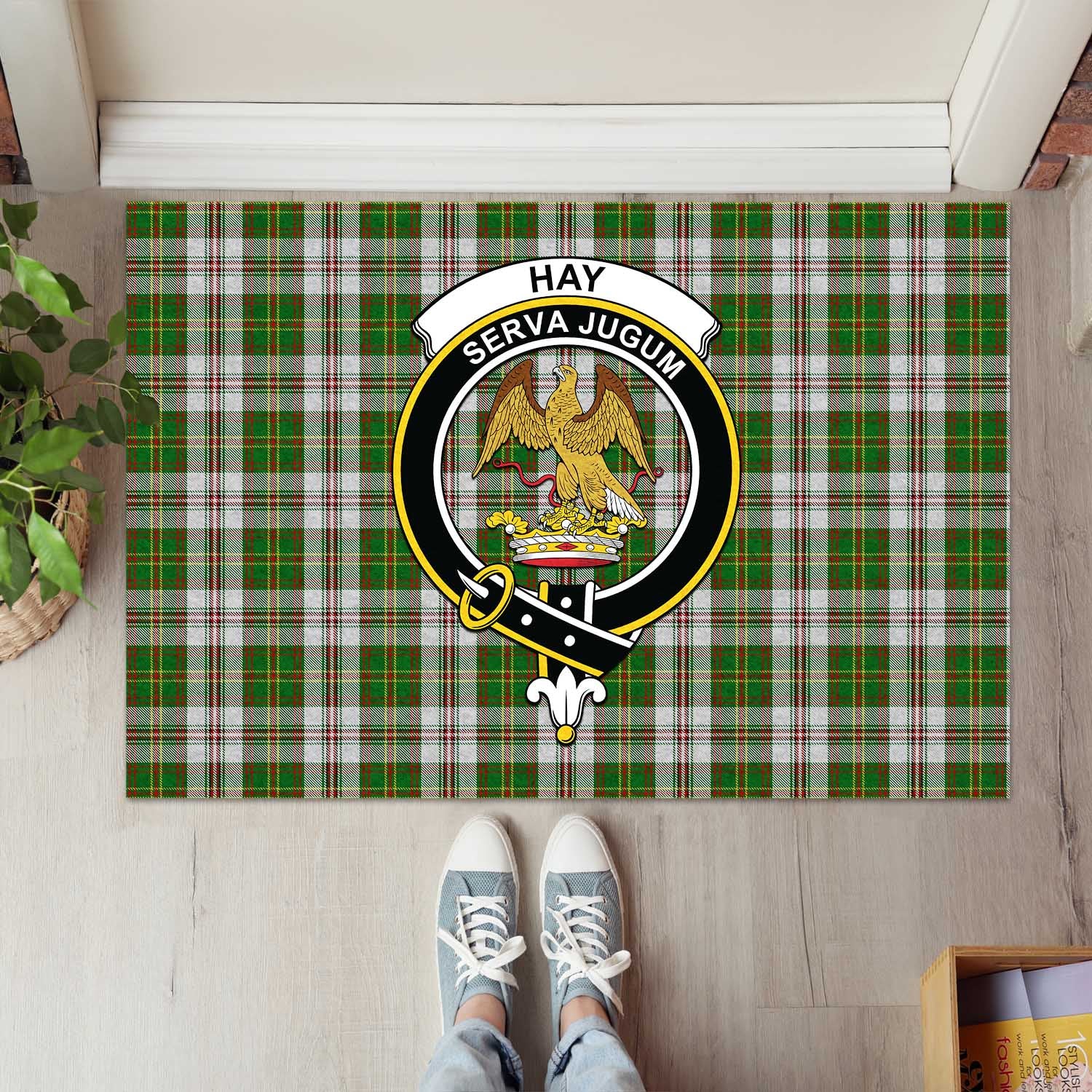 Hay White Dress Tartan Door Mat with Family Crest - Tartanvibesclothing