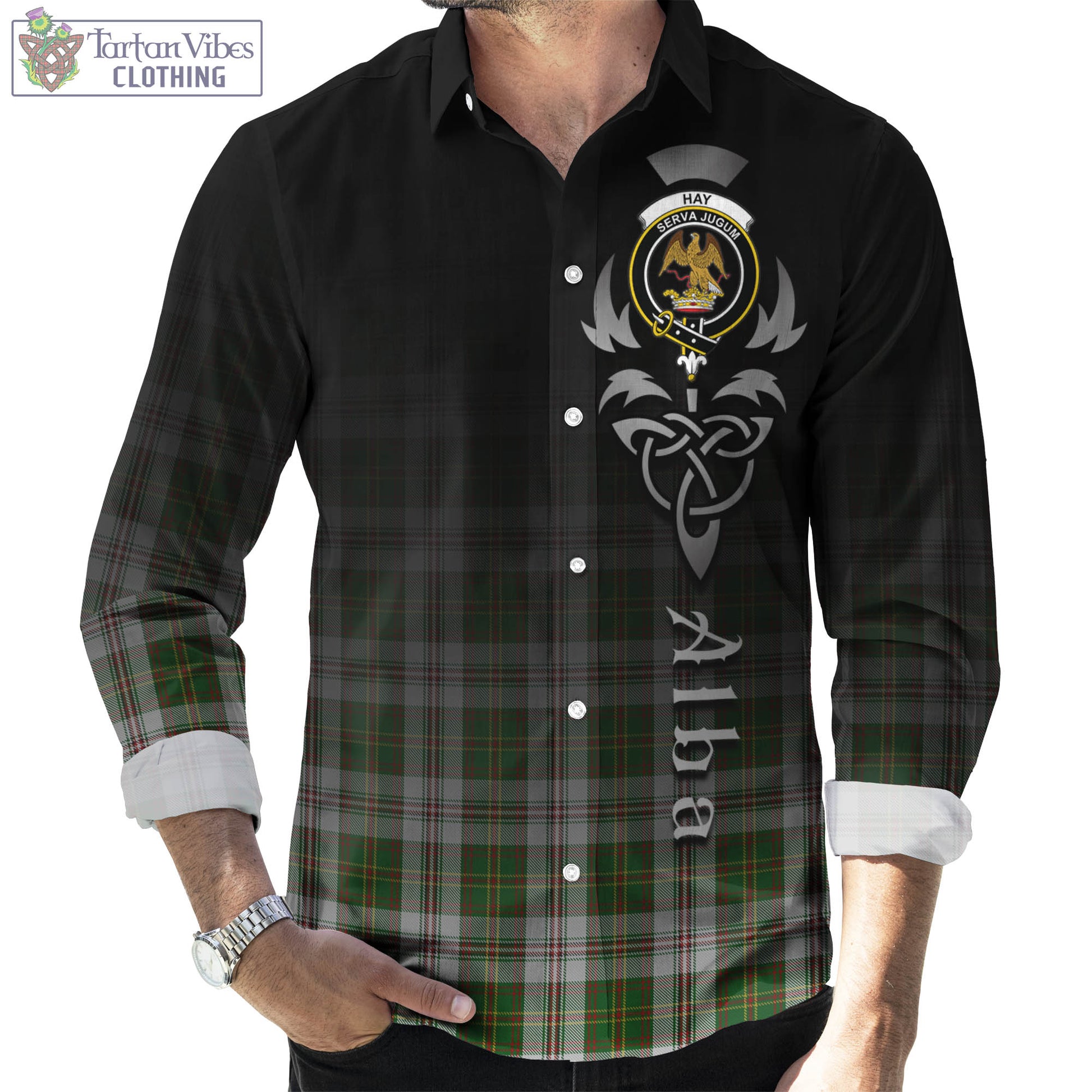 Tartan Vibes Clothing Hay White Dress Tartan Long Sleeve Button Up Featuring Alba Gu Brath Family Crest Celtic Inspired