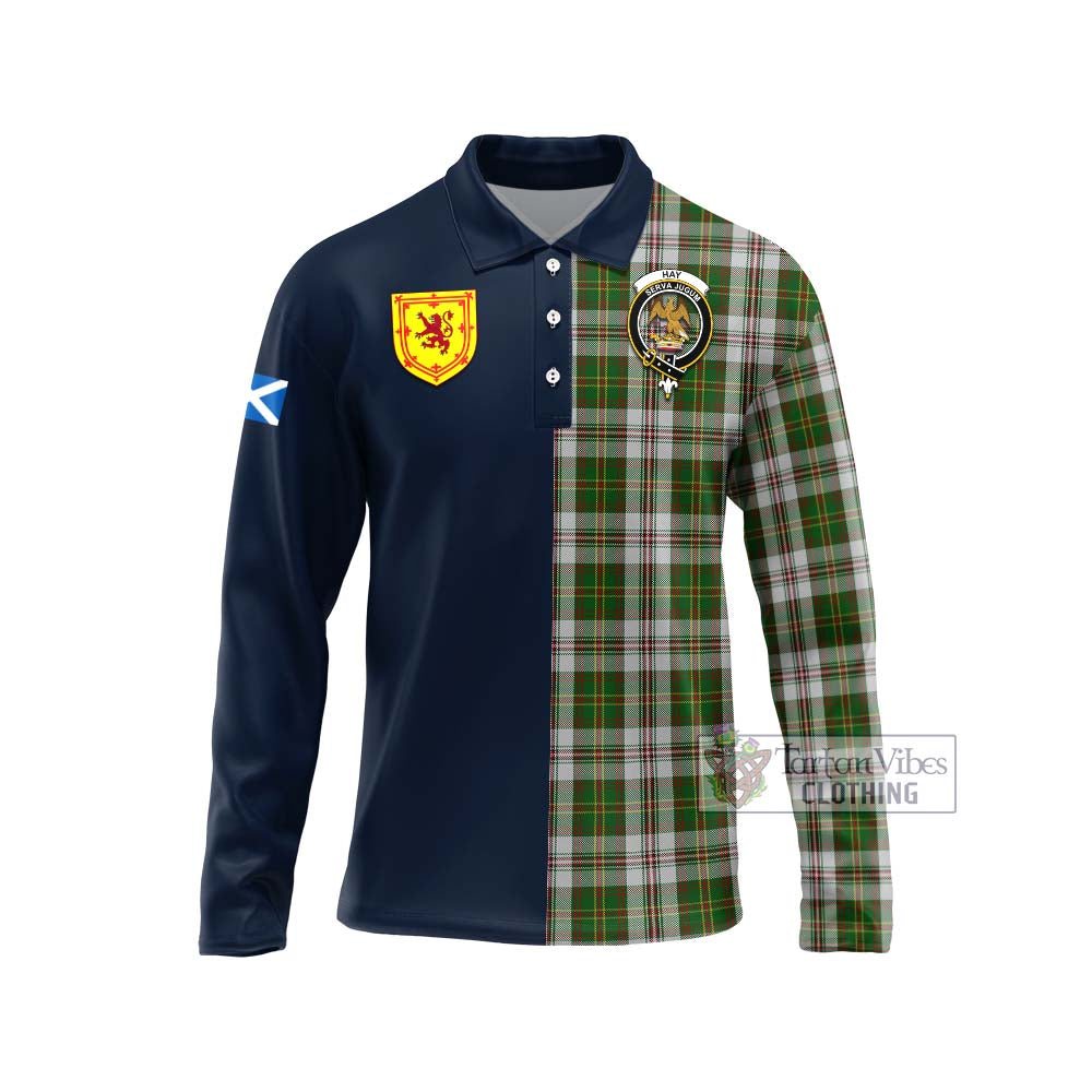 Tartan Vibes Clothing Hay White Dress Tartan Long Sleeve Polo Shirt with Scottish Lion Royal Arm Half Style