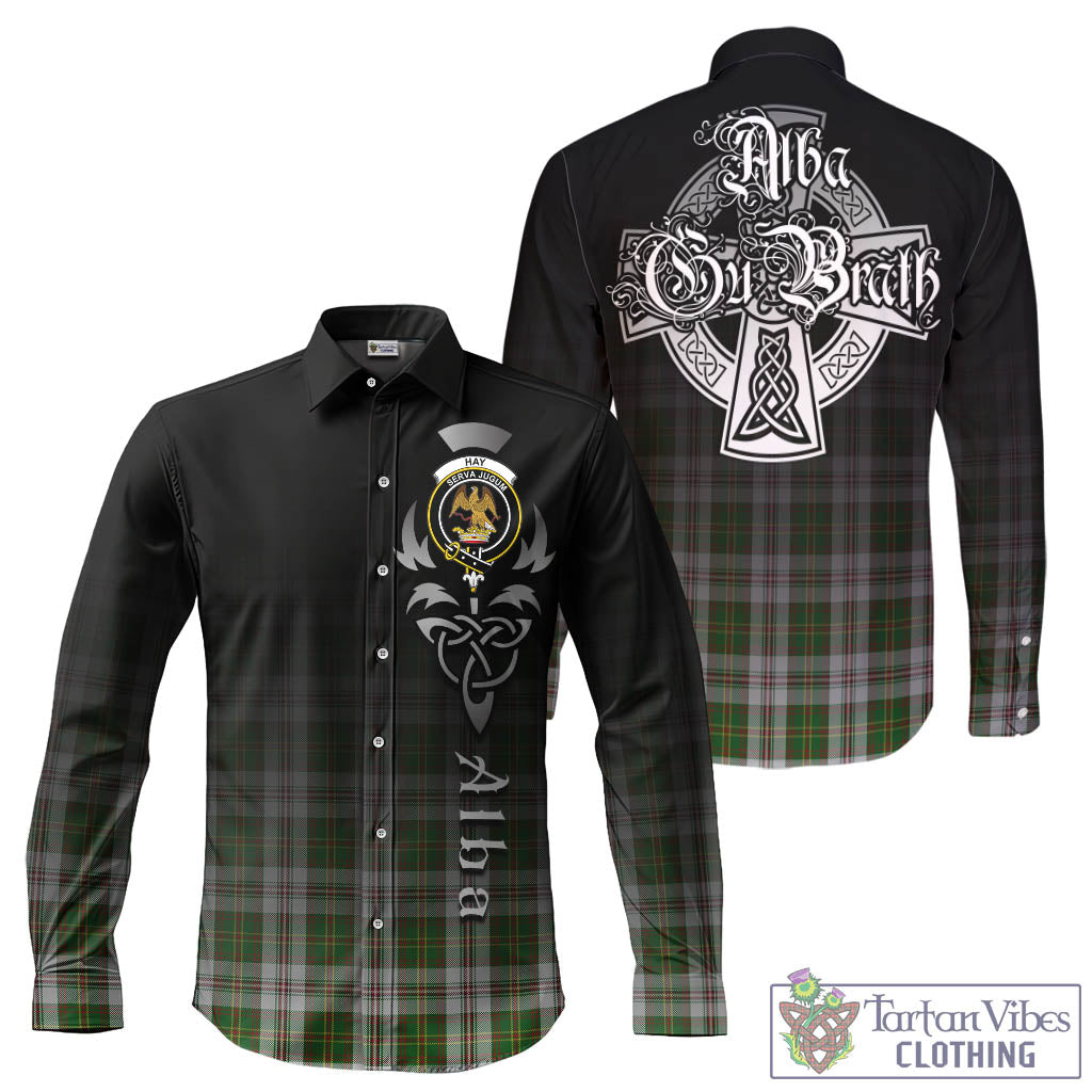 Tartan Vibes Clothing Hay White Dress Tartan Long Sleeve Button Up Featuring Alba Gu Brath Family Crest Celtic Inspired