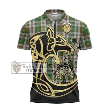 Hay White Dress Tartan Zipper Polo Shirt with Family Crest Celtic Wolf Style