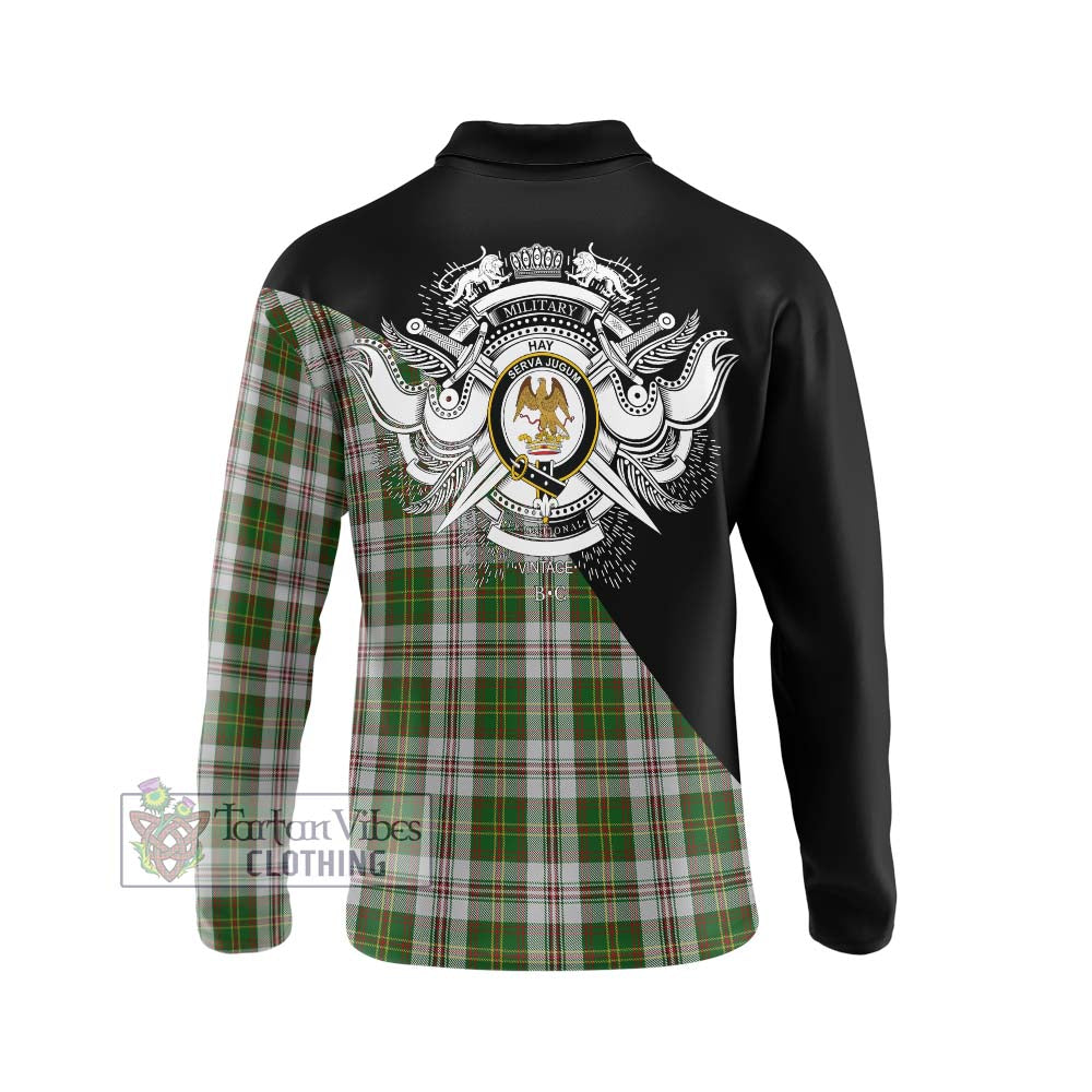 Hay White Dress Tartan Long Sleeve Polo Shirt with Family Crest and Military Logo Style - Tartanvibesclothing Shop