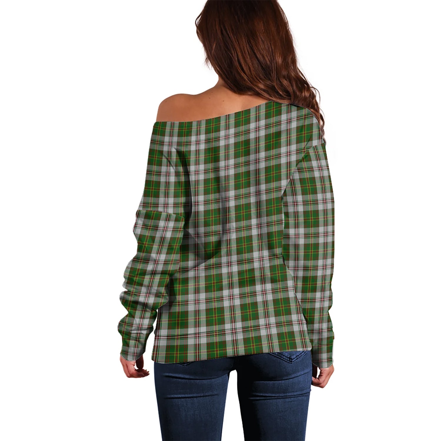 Hay White Dress Tartan Off Shoulder Women Sweater with Family Crest - Tartanvibesclothing