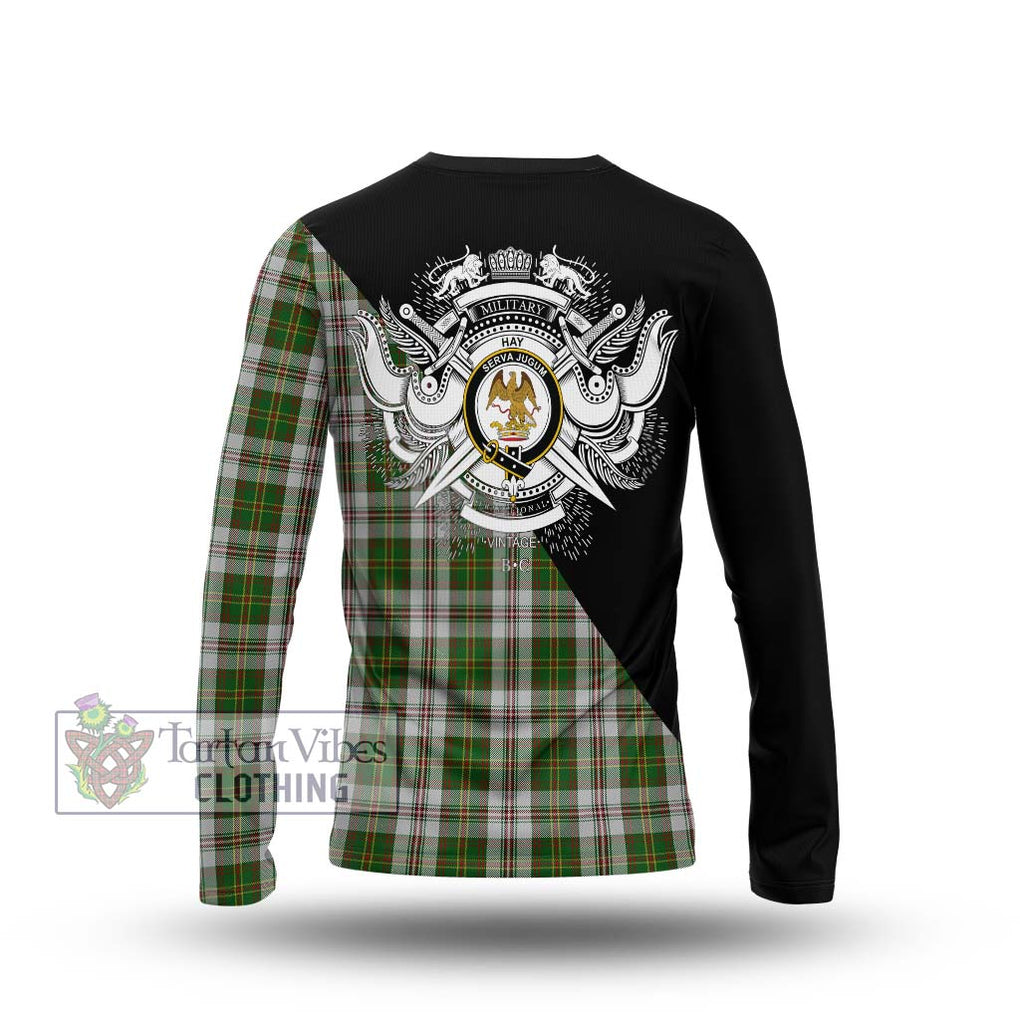 Hay White Dress Tartan Long Sleeve T-Shirt with Family Crest and Military Logo Style - Tartanvibesclothing Shop