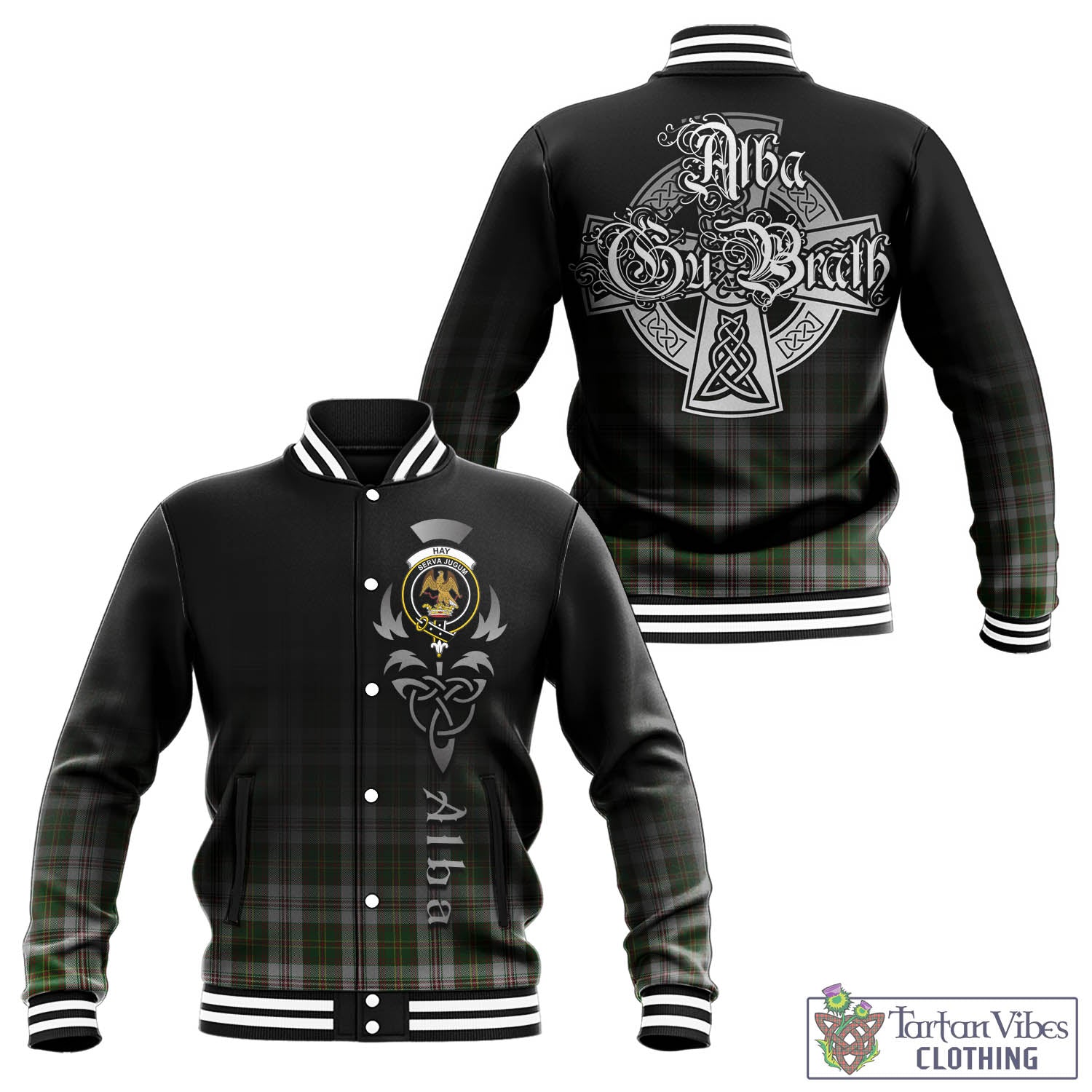 Tartan Vibes Clothing Hay White Dress Tartan Baseball Jacket Featuring Alba Gu Brath Family Crest Celtic Inspired