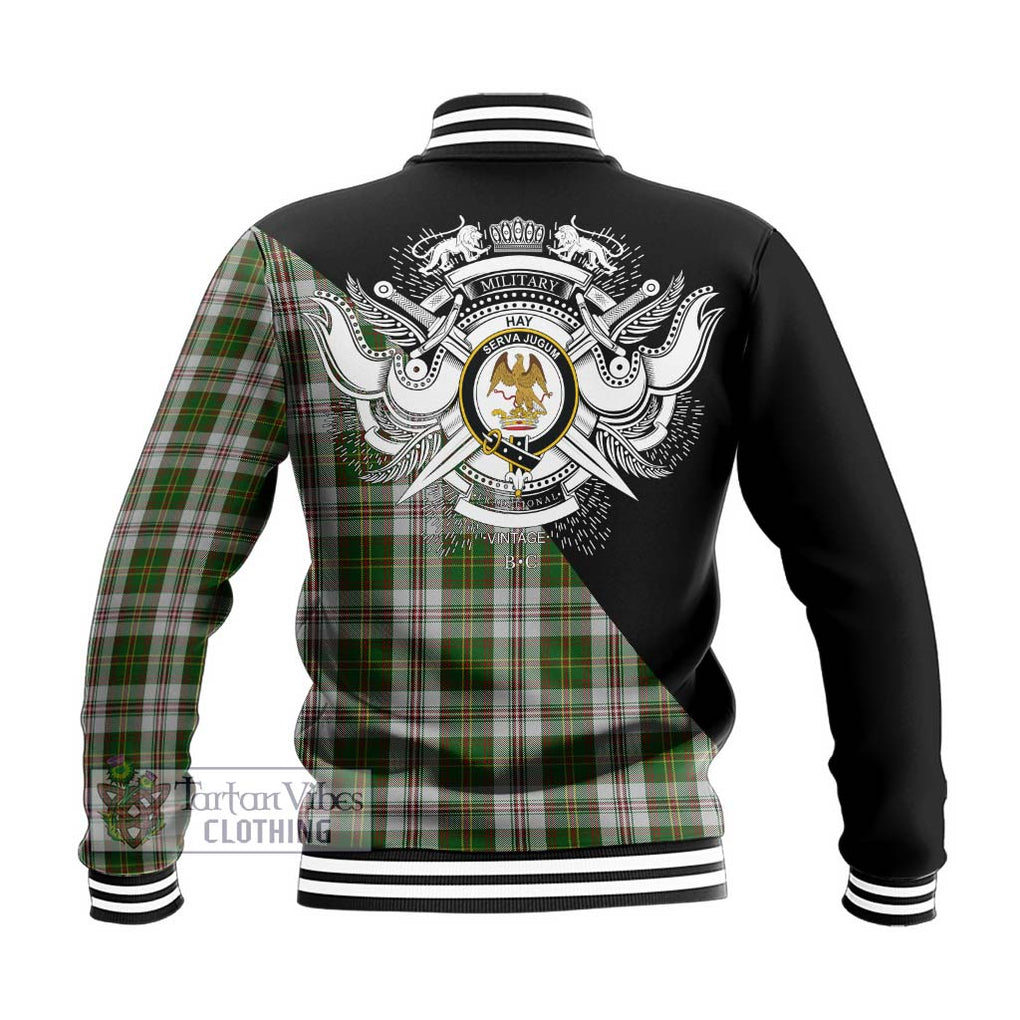 Hay White Dress Tartan Baseball Jacket with Family Crest and Military Logo Style - Tartanvibesclothing Shop