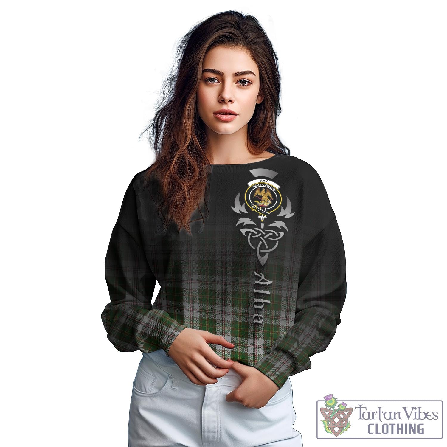 Tartan Vibes Clothing Hay White Dress Tartan Sweatshirt Featuring Alba Gu Brath Family Crest Celtic Inspired