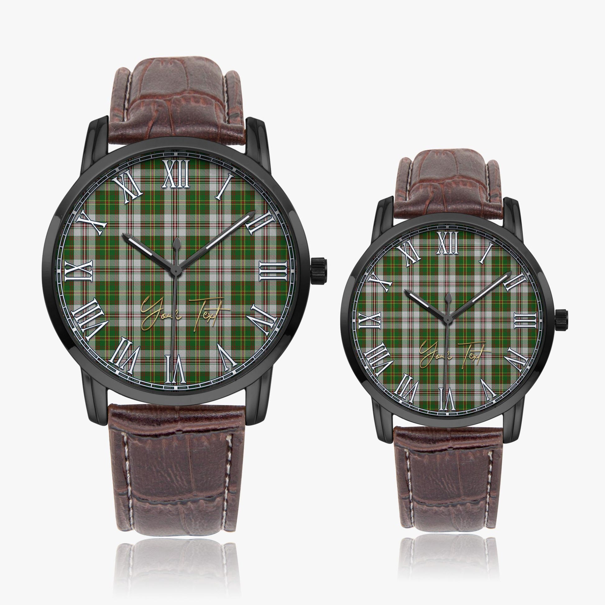 Hay White Dress Tartan Personalized Your Text Leather Trap Quartz Watch Wide Type Black Case With Brown Leather Strap - Tartanvibesclothing