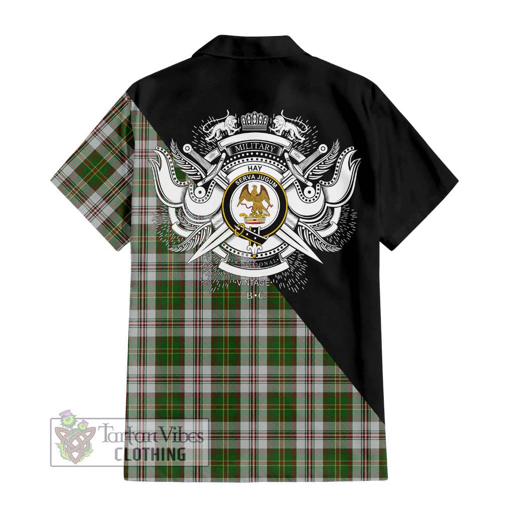 Hay White Dress Tartan Short Sleeve Button Shirt with Family Crest and Military Logo Style - Tartanvibesclothing Shop