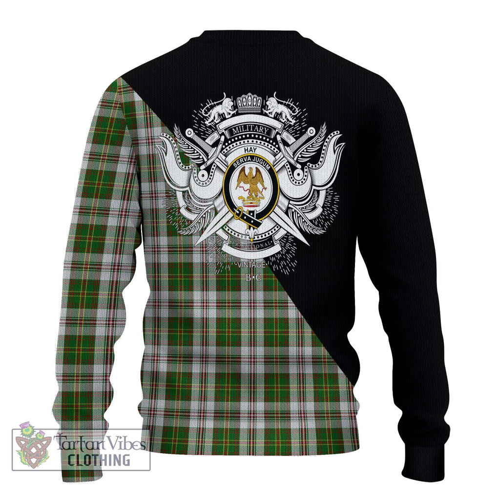 Hay White Dress Tartan Knitted Sweater with Family Crest and Military Logo Style - Tartanvibesclothing Shop