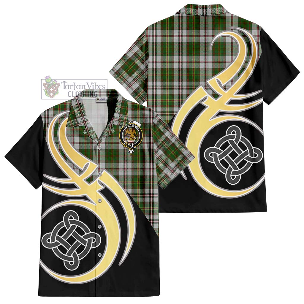 Hay White Dress Tartan Short Sleeve Button Shirt with Family Crest and Celtic Symbol Style - Tartan Vibes Clothing